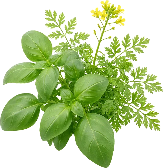 Green botanical leaves with small yellow flowers